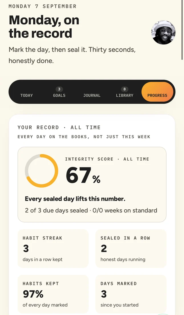 Momentum progress screen showing the integrity score increasing across truthful days