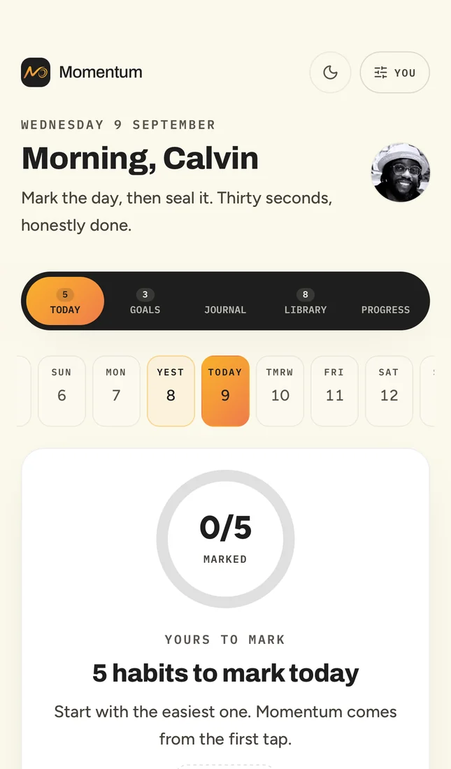 Momentum Today dashboard showing a short daily list and time left to close the day